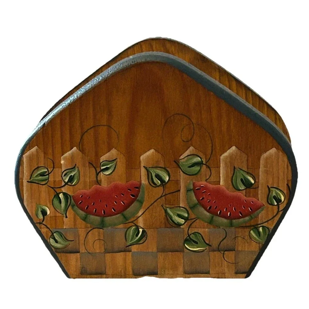 Vintage Toll Painted Wooden Napkin Holder Watermelon Fence Farmhouse Cottagecore